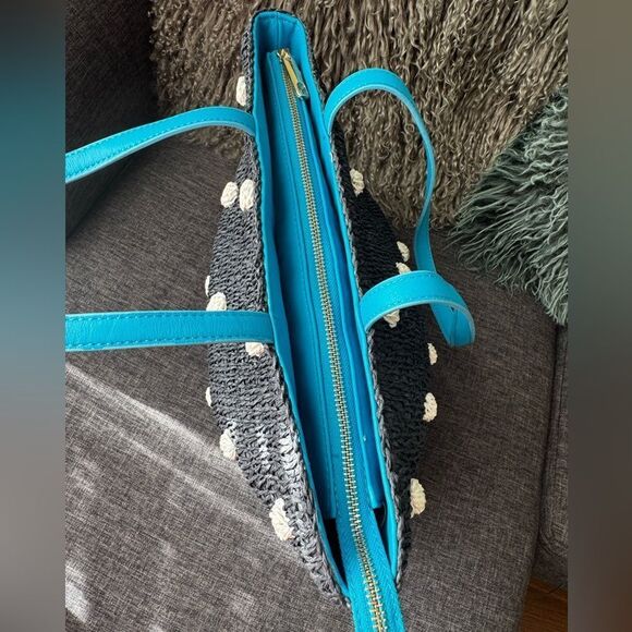 Talbots Navy Blue w/White Dots Raffia Shoulder Bag - Picture 8 of 13